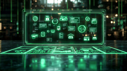 Fototapeta premium A minimalist holographic display in green, showcasing floating digital icons and data on a smooth, dark surface, with glowing lines and soft ambient lighting in the background.
