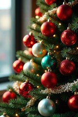 Colorful balloons and garlands add texture and interest to a Christmas tree, bright colors, festive atmosphere