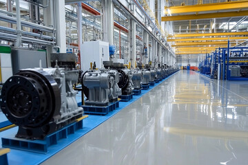 Naklejka premium Engine assembly line inside a modern manufacturing facility