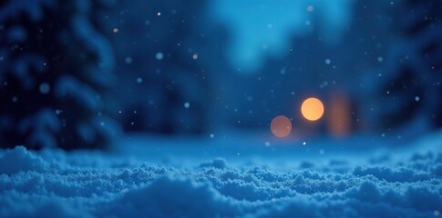 Snowy night on a dark blue background with sparkling bokeh lights, dark blue, winter scene, twinkling lights