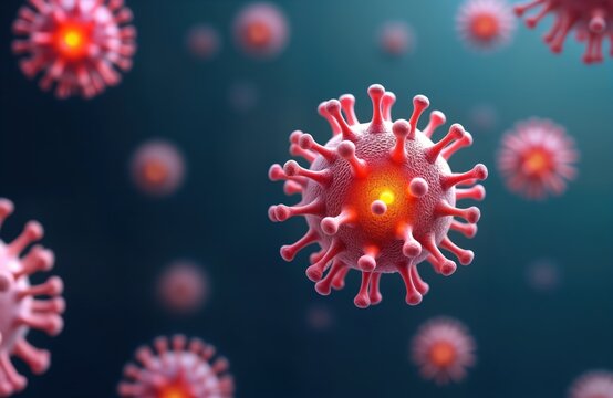 Closeup illustration of West Nile virus particles. Focuses on viral envelope, glycoprotein spikes. Microscopic view of virus. Viral particles shown in dark background. Pink colored spheres virus