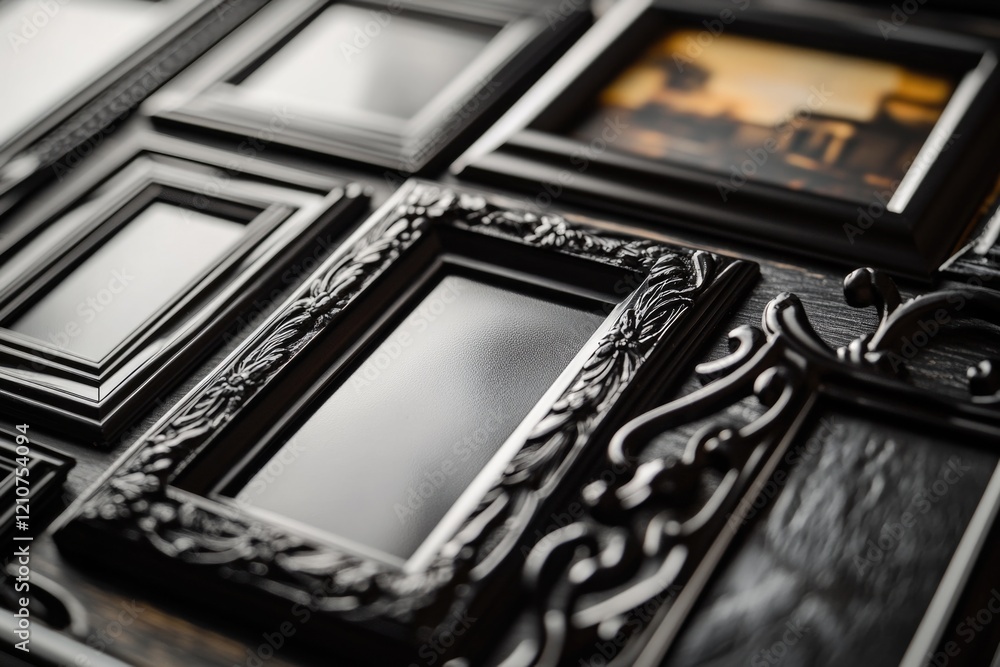 Poster collection of picture frames placed on a table