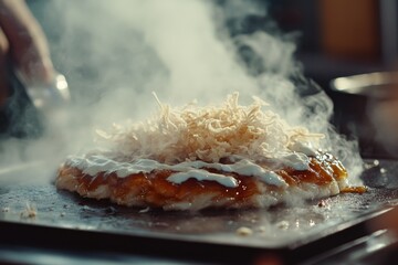 Close-up of steaming okonomiyaki on a griddle, layers of sauce and toppings add mouthwatering detail.