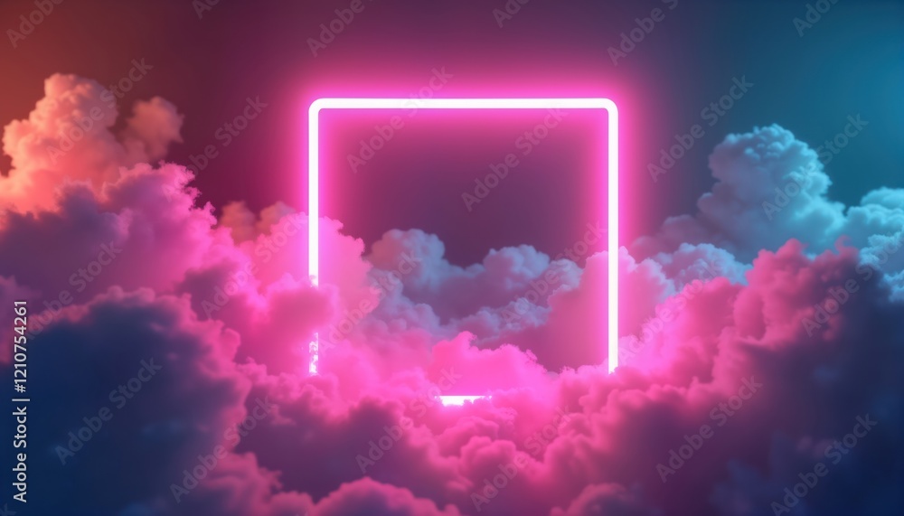 Poster neon pink square frame in hazy futuristic scene. abstract background with clouds. tech design concep
