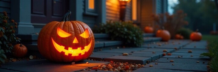 A carved pumpkin on a porch with an eerie glow, , jack o lantern