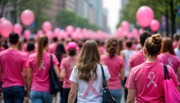 Large crowd walks in support of breast cancer awareness. People wear pink t-shirts with pink ribbons. Many pink balloons float in air. Public ceremony takes place in city. Event promotes cancer