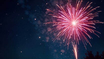 Pink fireworks explode in dark blue night sky. Festive display illuminates night sky. Beautiful colorful pyrotechnics create spectacular show. Nighttime celebration fills sky with pink light.
