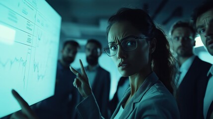 Businesswoman pointing at negative chart on interactive whiteboard, explaining bad financial results to her tense team
