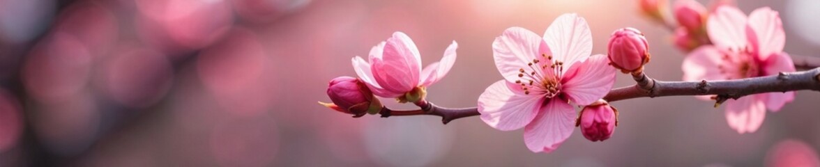 Fototapeta premium Delicate pink petals unfolding on a spring branch, blossoms, tree