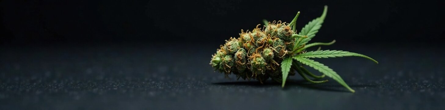 Dark space with single cannabis nug on black surface, void, shadow, single item