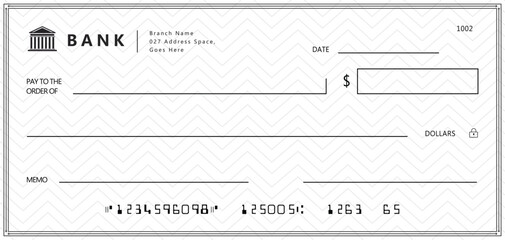 Empty money cheque. Bank check. check book template with pattern and blank fields. Currency payment coupon, US dollar check background.