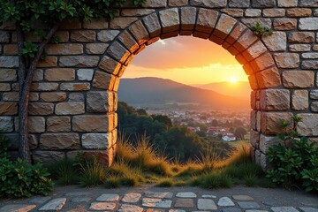 Wide-angle shot of weathered stone wall at dawn, sunrise, earthy, stone