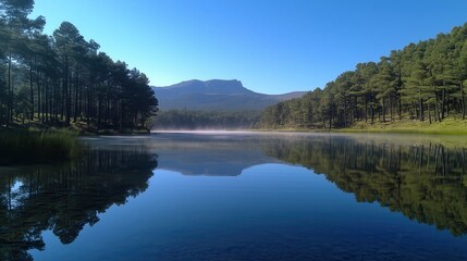 Tranquil mountain lake reflecting surrounding evergreen trees and a majestic peak in the early morning mist
