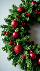 A full-sized evergreen pine wreath decorated with large red balls and dried cranberries, holly like foliage, pine branch