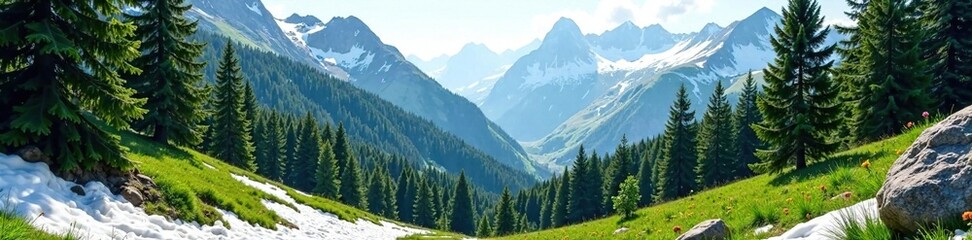 Obraz premium Peaceful alpine forest with tall trees and snow, green, tall trees, majestic