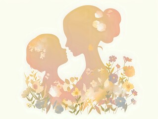 Fototapeta premium Delicate silhouettes of mother and child surrounded by soft watercolor wildflowers in pastel colors, perfect for mother's day cards, family albums and emotional design projects.