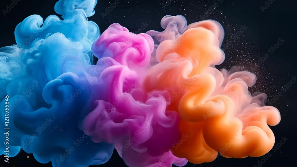 Poster colorful smoke swirls blend in vibrant hues, creating an abstract visual display on a dark backgroun