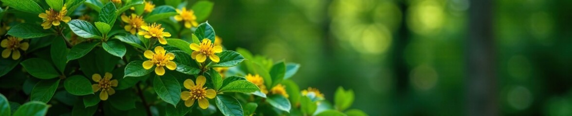 Obraz premium Evergreen shrub with glossy leaves and clusters of yellow flowers, trees, forest, foliage