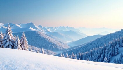 A blanket of fresh snow covers the rolling hills and trees, peaceful, hill