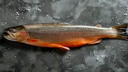Fresh arctic char fish on dark background with water drops, perfect for seafood restaurant menu, cooking blog or healthy food advertising.
