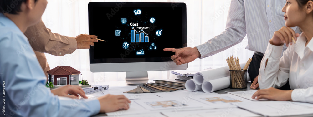 Poster cost reduction, cost saving concept shown on computer screen brisk, corporate business efficiently s