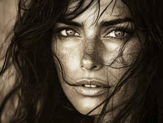 Fototapeta premium Monochrome portrait of a woman in her 30s with deep emotion and natural light highlighting her expressive features