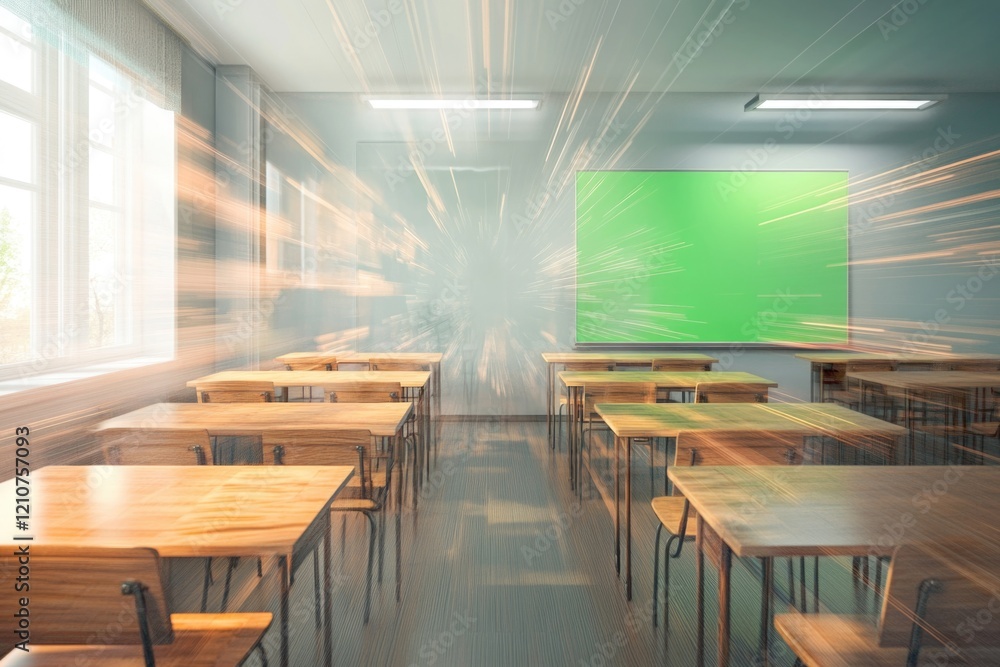 Aufkleber a standard classroom setting with multiple desks and a green screen backdrop