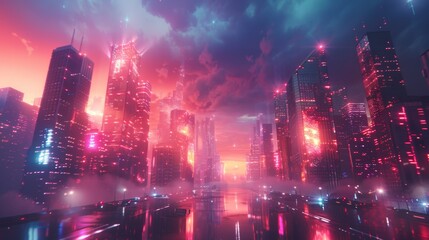 high-tech city where buildings are made of digital clouds, data streams connecting everything,