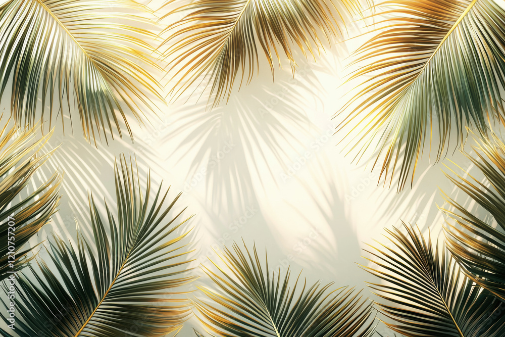 Poster tropical patterned design featuring layered palm leaves with golden highlights on a soft cream backg