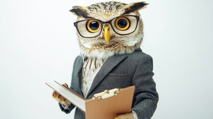 Obraz premium A wise owl dressed in a suit and glasses holds a book, symbolizing intelligence and knowledge