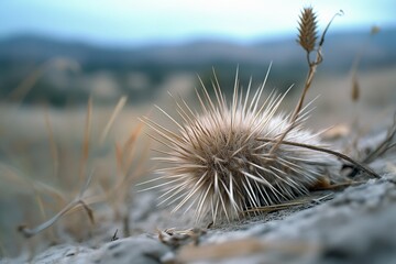 Close-up of a dried, spiky plant in an arid landscape, capturing rugged beauty and resilience in a barren scene.