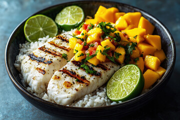 Tropical bowl featuring grilled white fish, mango salsa, coconut rice, and lime wedges in a vibrant setting
