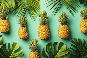 Fototapeta premium Tropical pattern featuring vibrant pineapples and lush palm leaves on a soft turquoise background showcasing exotic charm