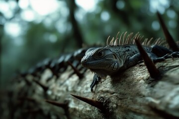 Obraz premium A lizard perched on a thorny branch in a dim forest, exuding calmness and blending seamlessly with its habitat.