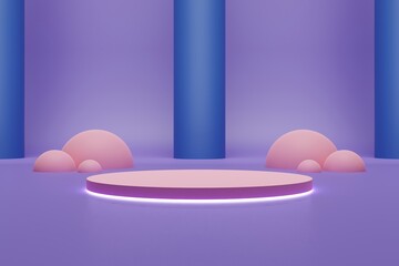 3D pink circular podium with soft neon lighting vibrant blue and purple background abstract dome shapes