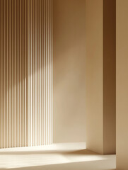 Soft Light on Minimal Beige Interior with Vertical Stripes and Subtle Shadows