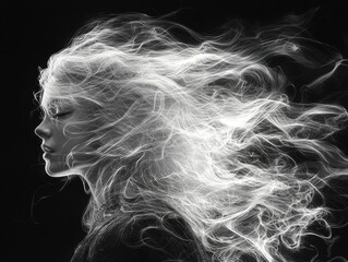 Dynamic turn of a woman in dramatic motion with flowing hair and dress, radiating energy lines against a dark backdrop captures a cinematic moment of grace and power