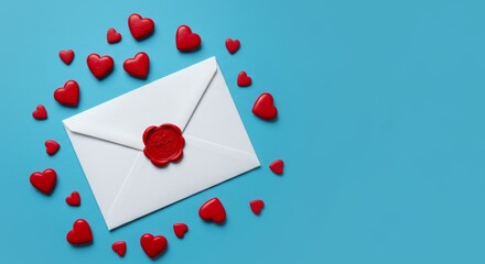 Valentine's Day greeting concept with an envelope and red hearts on a blue background, top view

