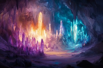Fototapeta premium Enchanting crystal cave with vibrant multicolored stalactites