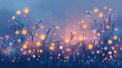 Enchanted glade with luminous flowers at twilight. Enchanted Glade. Illustration