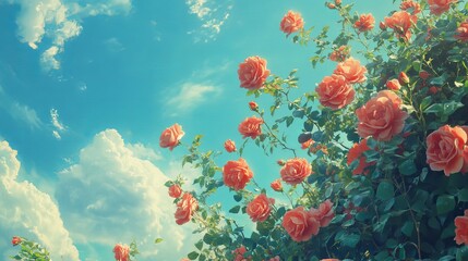 Red roses bloom against a blue sky. These summer flowers grow in abundance in the garden. The climbing rose forms a beautiful backdrop for a garden.