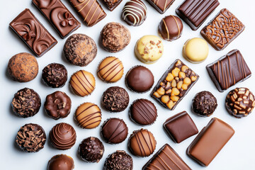 Delicious assortment of fine chocolates arranged in a perfect circle on a clean white background enhances their rich colors