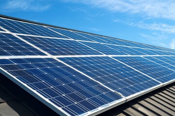 Solar panels installed on a rooftop harness sunlight to generate clean energy. The vibrant blue sky enhances the scene, emphasizing sustainability and innovation