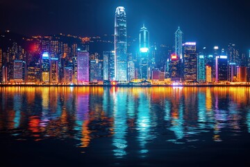 Nighttime Cityscape: Towering Skyscrapers Reflecting on Tranquil Water