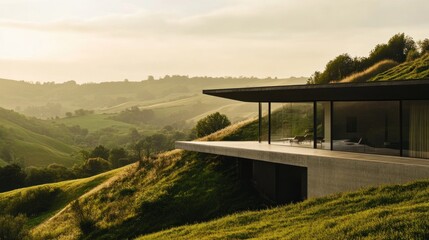 Obraz premium Modern glass house on hillside overlooking scenic valley at sunset.
