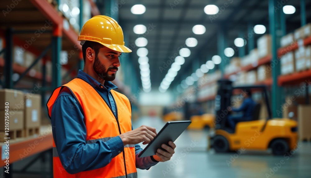 Poster warehouse supervisor checks inventory on tablet. forklifts move in background. busy warehouse scene.