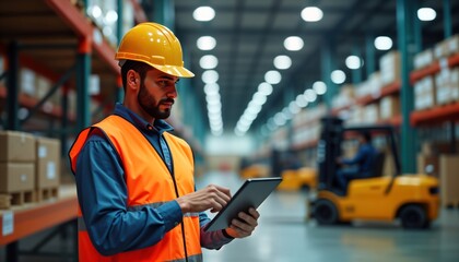 Warehouse supervisor checks inventory on tablet. Forklifts move in background. Busy warehouse scene. Supervisor uses tech for inventory management. Workers operate forklifts. Warehouse environment.