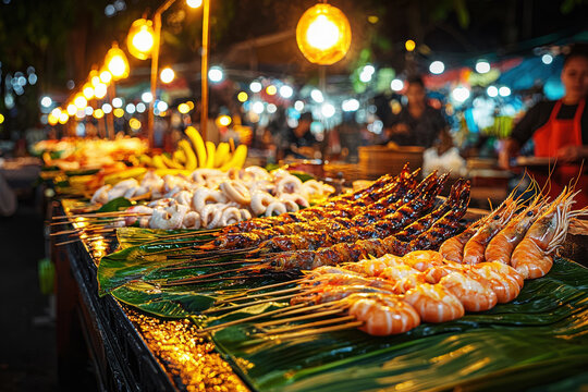 Vibrant Thai seafood market at night featuring grilled specialties and a bustling atmosphere