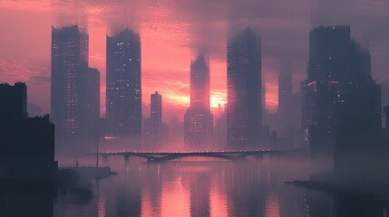 Fototapeta premium Skyscrapers rise tall against a moody sunset, their reflections dancing in the calm waters below. A bridge spans the river, connecting the city.