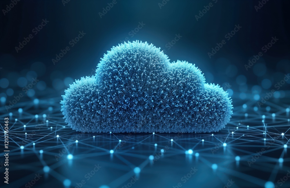 Poster futuristic cloud computing concept image shows large cloud icon in center. formed by many small dots